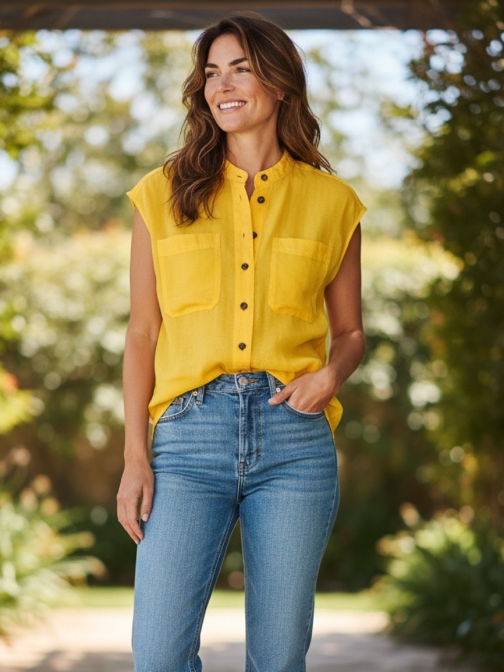 Banana Republic Ramie Sleeveless Blouse Yellow Button-Front S